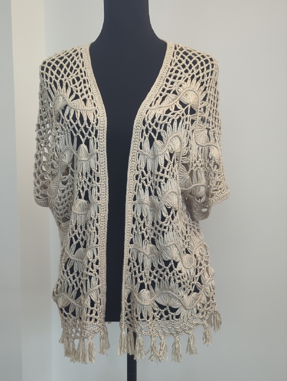 New Directions Bohemian Crochet Open Front Cardigan Fringe Trim Sweater XL